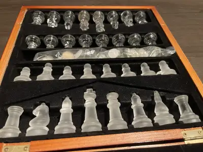 Wooden chess board with mirrored top Glass deck of pawns Set of checkers included Vintage antique pi...
