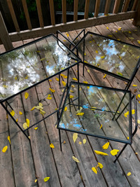 Nesting MCM garden tables (3), metal and glass.