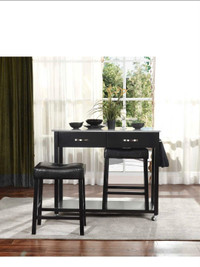 NEW- Black &amp; Grey Marble Wood Island Table With Stools