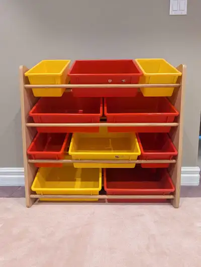 Kids’ toy storage organizer with 10 removable plastic bins (colours: red and yellow) Ideal for a chi...
