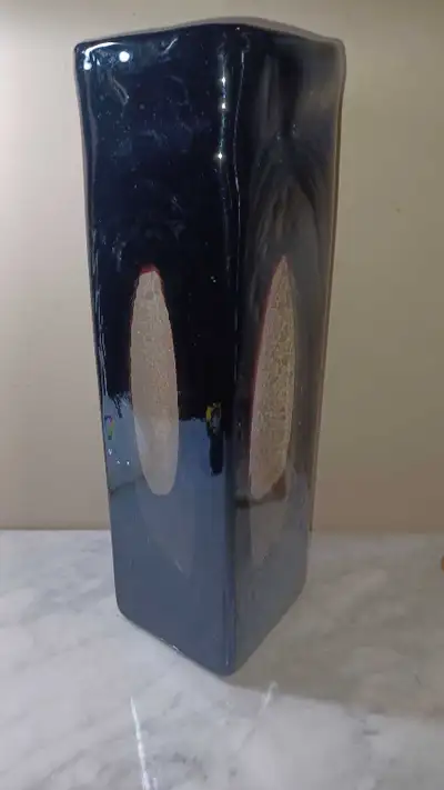 Large Tall 14"x4"Sq Vtg Handblown Art Glass Black Vase Decor, View more