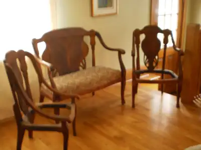 Antique upholstered Loveseat with 2 chairs (not upholstered), View more