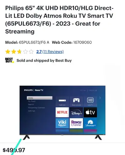 Philips 65" 4K UHD HDR10/HLG Direct-Lit LED Dolby Atmos Roku TV, View more
