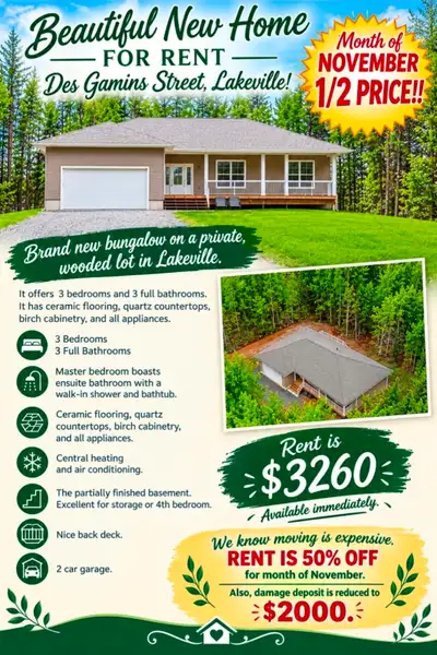 3 bed 3 bath. Reduced rent for November