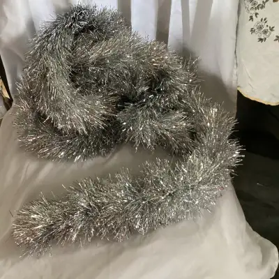 Vintage Christmas Tree Tinsel Garland Silver, long length, View more