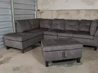 IN BOX: NEW GREY SECTIONAL & OTTOMAN. FREE DELIVERY & DISPOSAL.