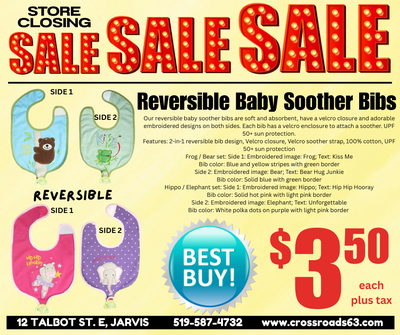Our reversible baby soother bibs are soft and absorbent, have a velcro closure and adorable embroide...