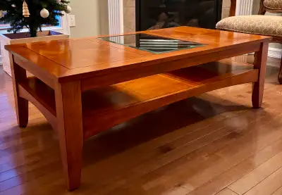 Solid wood coffee table with shelf and glass on the top, View more