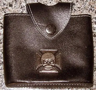 Leather Belt Pouch with Cross and Skull Description: - Size: 4" x 3 1/4" - Leather flap with snap cl...