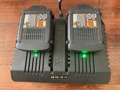 Worx Dual battery charger and batteries , View more