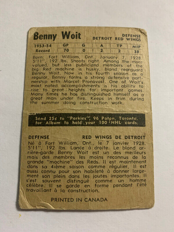 1954-55 PARKHURST HOCKEY CARD#38 BENNY WOIT (DETROIT RED WINGS) dans Art et objets de collection  à Longueuil/Rive Sud - Image 2