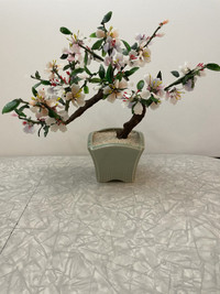 Vtg Chinese Pink & Purple Jade Stone Glass Bonsai Flower Tree