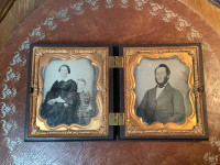 #3 Two Antique Daguerreotypes - Man Woman & Child Gilded Frames