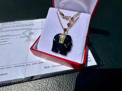 #785 10-14k Yellow Gold Black Onyx Elephant Pendant & 22” Chain, View more