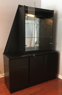 Mid Century Modern Hutch Black Wood with Lighted Display Cabinet