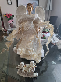 PAPER MACHE ANGEL AND PORCELAIN CANDLE HOLDER