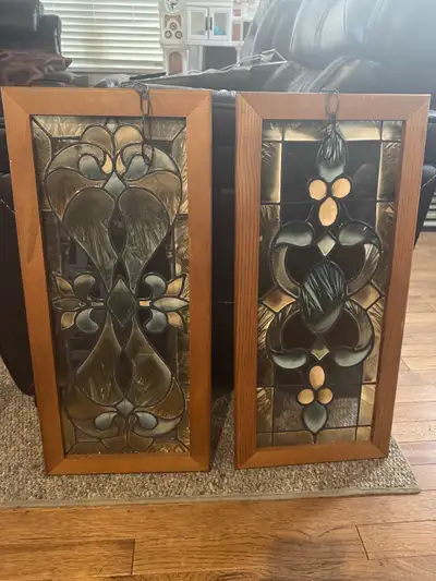 Enhance your space with this pair of vintage stained glass windows, each encased in a sturdy wooden...