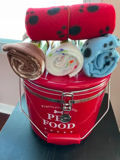 One PET FOOD STORAGE CONTAINER and 4 PET BLANKETS for your pet, View more