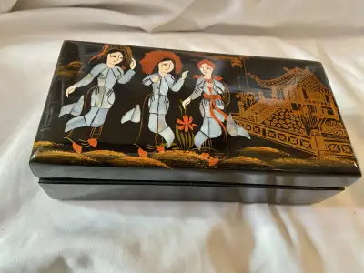 vintage Black Laquer Jewelry Box Mother of Pear Inlay, View more