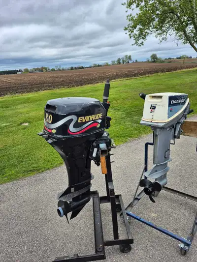 8hp 4 stroke evenrude and 15hp 2 stroke evenrude. $400 each as is condition. stands not included.