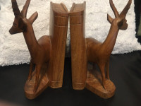 Mid-century hand-carved wood gazelle book ends