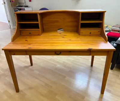 Ikea desk with front drawer and back shelves and 2 small drawers. 29 " wide x 51" long and 29" heigh...