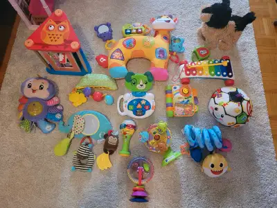 $5 each toy,but Giraffe vtech, wooden owl $10 each. Pu address 1 Richview rd Eglinton and Scarlett