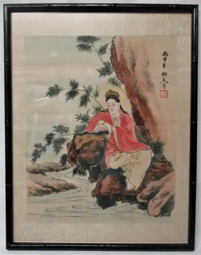 Vintage, Framed Chinese Watercolor Painting on Silk, Signed (Yen Chin) & Stamped Upper Right in 1956...