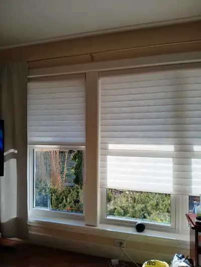 2 blinds like new open to see through 66" across each 63: length can be mounted in side or outside w...