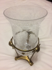 Brass and Crackle Glass Candle Holder Hurricane Lamp Vintage
