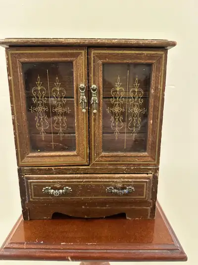Vintage Wooden Jewelry Box, 10"/8"/5" (Miniature Cabinet/Armoire Style). Condition as shown in the p...