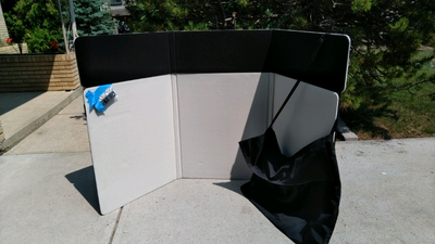 H: 36" + 12" (extension piece) / W: 28"+29"+28" (wing, centre, wing) There is a carry bag with a sho...