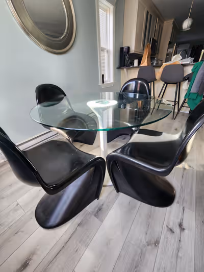 Retro Pantone style molded plastic chairs (4) plus 2 extra (at no extra cost). These currently retai...