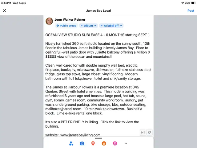 Furnished Ocean View Studio - Sublet Sep 1 - Dec 31 -James Bay