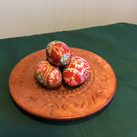 4 -Wooden Easter Eggs (Pysanky) in Wooden Carved Plate.