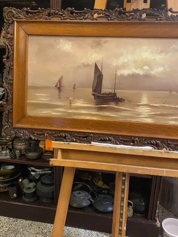 ANTIQUE WOOD OPENWORK FRAME DANISH OIL ON CANVAS PAINTING SEA. in Arts & Collectibles in Vancouver - Image 4