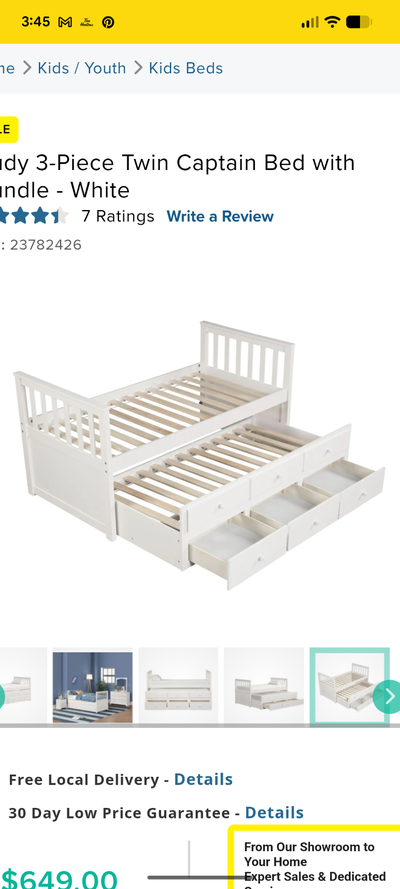White twin trundle bed with three drawers, View more