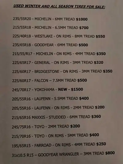 Used winter tires going fast and going cheap prices range from 100-1000