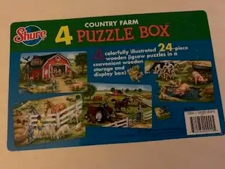 4 wooden farm puzzles. Each 24 pieces. Good condition. Very clean. Different symbol on back of each...