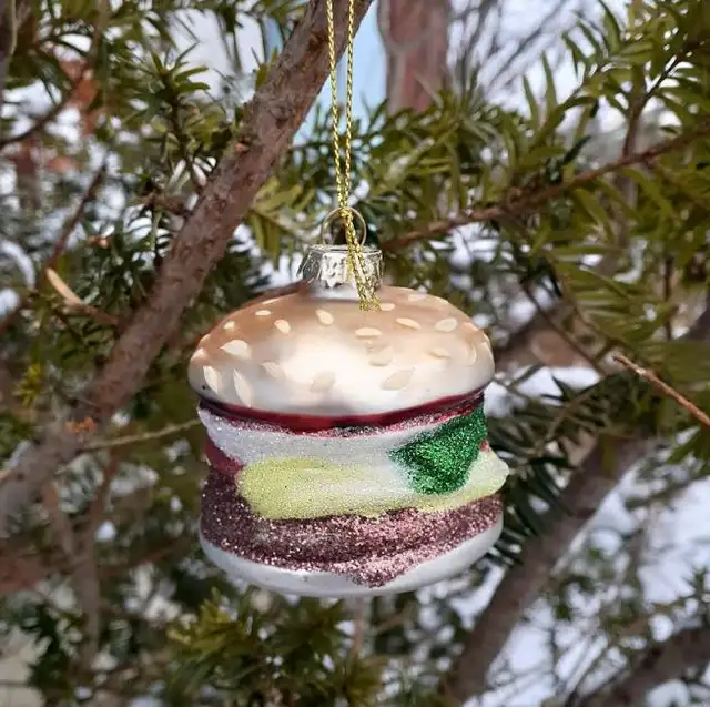 Vintage blown glass glitter hamburger burger ornament holiday