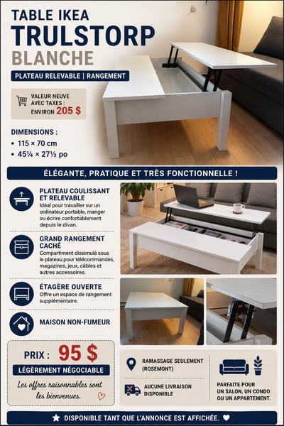 Table IKEA TRULSTORP blanche | Plateau relevable | Rangement, View more