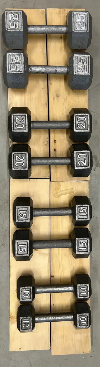 Dumbbells: 2x 10, 15, 20, 25 = 140lbs. All for $120 ($0.85/lb), Or individual pairs for $1.10/lb