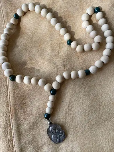 Handmade wood and bloodstone prayer/meditation beads on stretch cord. Iconic pewter Virgin and Child...