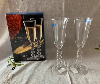 2 New Millenium 2000 Crystal Champagne Flutes by Luminarc France, View more