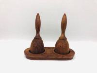 Vintage Wood Salt and Pepper shakers with stand, Handcarved