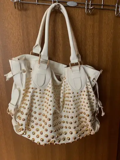 White  genuine leather studded purse, View more