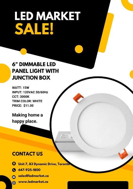 6" DIMMABLE LED PANEL LIGHT with JUNCTION BOX in Other Business & Industrial in Oshawa / Durham Region