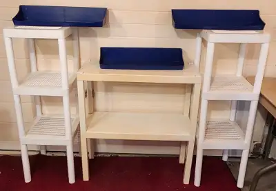 3 Plastic Stacking Shelving and 3 Wall Mount Storage Baskets 2 Mesh Shelves 14in x 14in x 42in Tall...