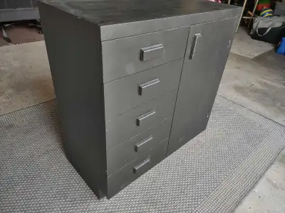 Wooden storage cabinet with shelves and drawers Drawers on wheels work great Previously painted heig...