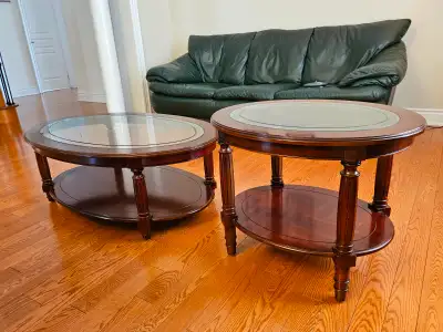 Cherry Wood and Glass Coffee Table and Side Table Set, View more